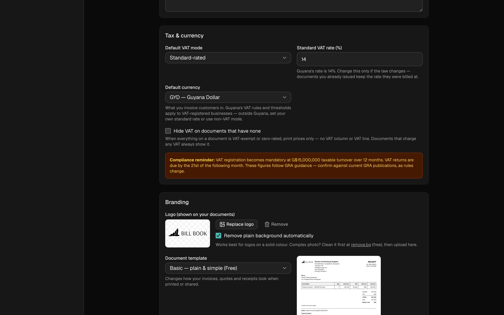 BillBook: VAT, set once