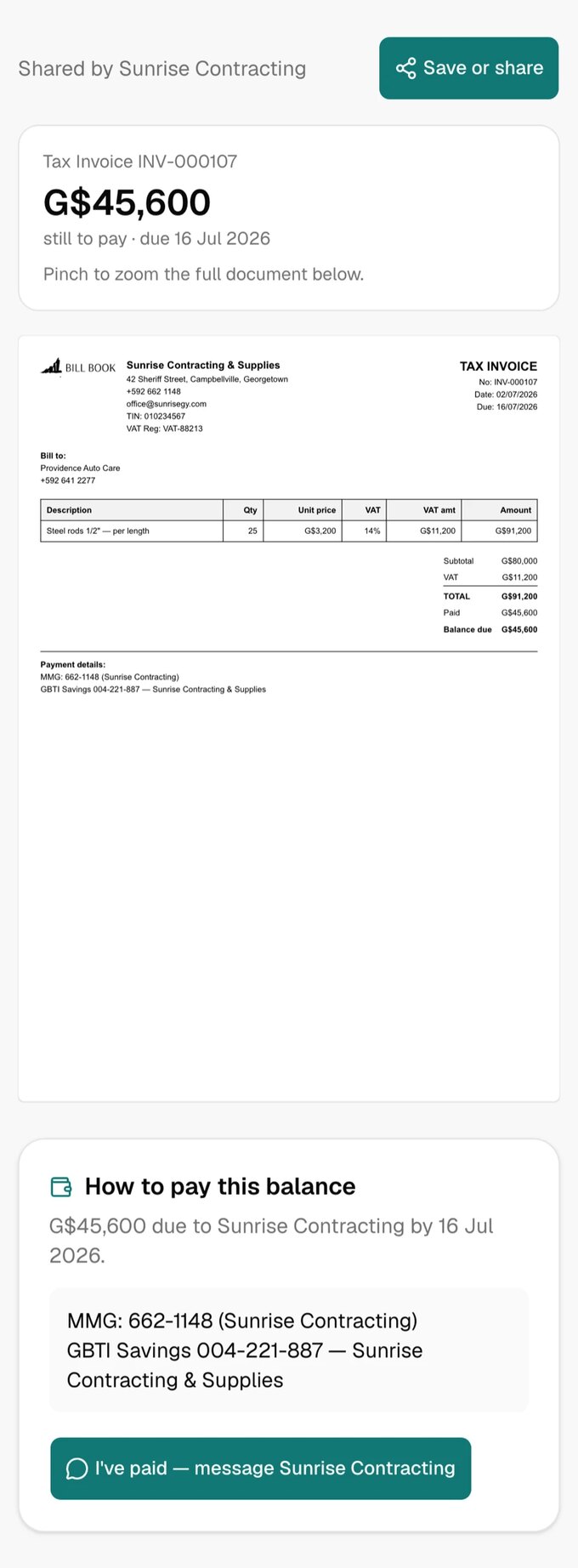 BillBook — What your customer sees