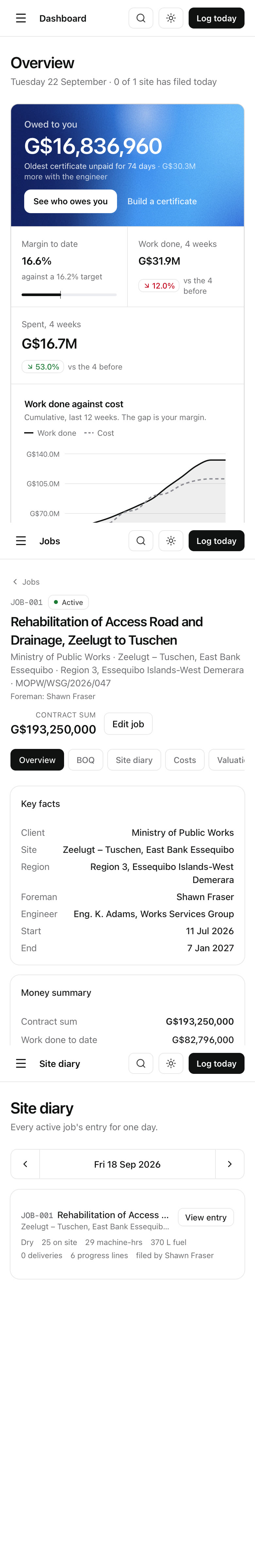 SiteBook by BillBook on a phone — dashboard